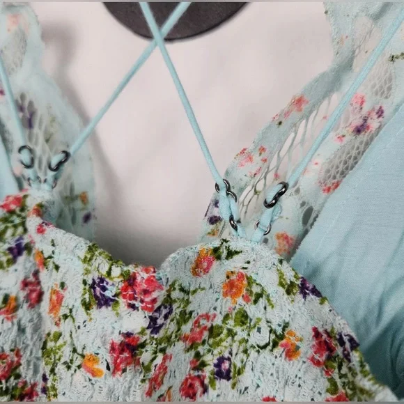 Free People One Adella Asymmetrical Slip Lace Ruffle Flowy Dress in Blue sz Med - Picture 11 of 12